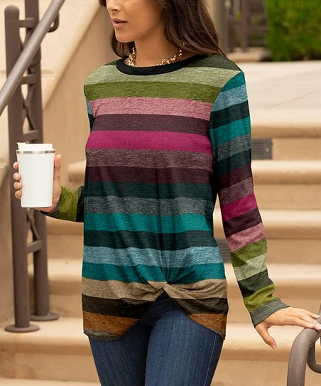 Lily | Teal & Pink Stripe Twist-Front Crewneck Tunic - Women 1 Lily | Teal & Pink Stripe Twist-Front Crewneck Tunic - Women