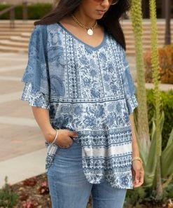 Lily | Blue & White Paisley Floral Ruffle-Sleeve V-Neck Tunic - Women & Plus