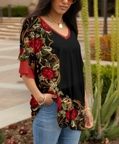Lily | Black & Red Floral Ruffle-Sleeve V-Neck Tunic - Plus