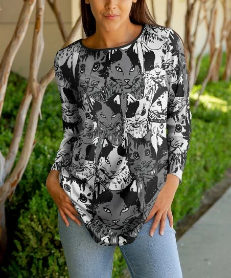 Lily | Gray & White Cat Crewneck Tunic - Plus 1 Lily | Gray & White Cat Crewneck Tunic - Plus