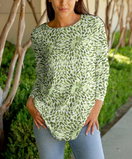 Lily | Olive & White Leaves Long-Sleeve Crewneck Tunic - Women 1 Lily | Olive & White Leaves Long-Sleeve Crewneck Tunic - Women