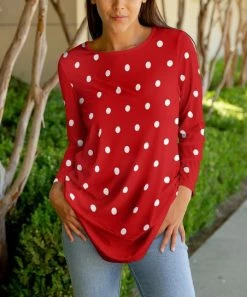 Lily | Red & White Polka Dot Long-Sleeve Crewneck Tunic - Women & Plus