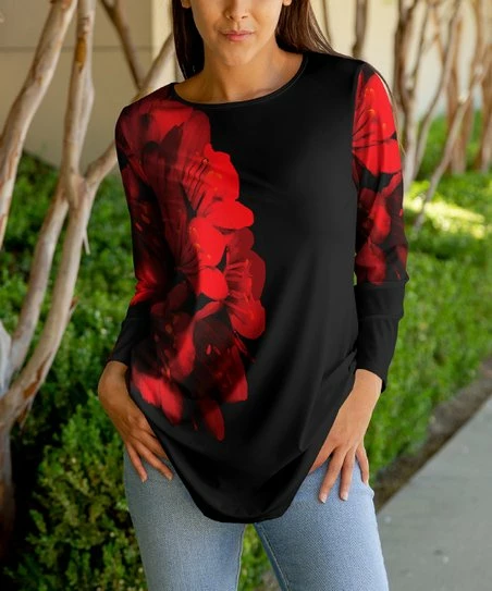 Lily | Black & Red Abstract Floral Crewneck Tunic - Plus 1 Lily | Black & Red Abstract Floral Crewneck Tunic - Plus