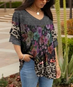 Lily | Gray & Purple Leopard Floral Ruffle-Sleeve V-Neck Tunic - Women & Plus