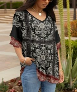 Lily | Black & Red Large Medallion Ruffle-Sleeve V-Neck Tunic - Women & Plus