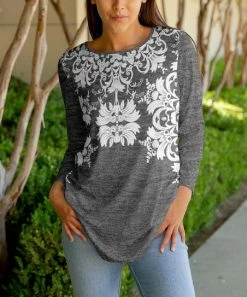 Lily | Gray & White Geometric Long-Sleeve Crewneck Tunic - Women
