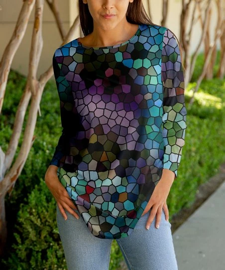 Lily | Teal & Purple Stained Glass Long-Sleeve Crewneck Tunic - Women & Plus 1 Lily | Teal & Purple Stained Glass Long-Sleeve Crewneck Tunic - Women & Plus