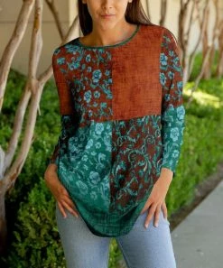 Lily | Rust & Turquoise Patchwork Long-Sleeve Crewneck Tunic - Women & Plus