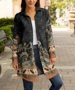 Lily | Orange & Black Paisley Collared Button-Up Longline Shacket - Women & Plus