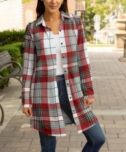 Lily | Red & White Plaid Collared Button-Up Longline Shacket - Plus