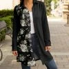 Lily | Black & White Right-Side Floral Collared Button-Up Longline Shacket - Plus