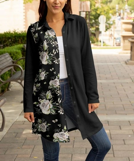 Lily | Black & White Right-Side Floral Collared Button-Up Longline Shacket - Plus 1 Lily | Black & White Right-Side Floral Collared Button-Up Longline Shacket - Plus
