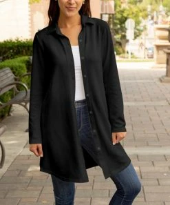 Lily | Black Collared Button-Up Longline Shacket - Women