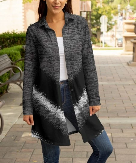 Lily | Gray & White Heather Collared Button-Up Longline Shacket - Plus 1 Lily | Gray & White Heather Collared Button-Up Longline Shacket - Plus