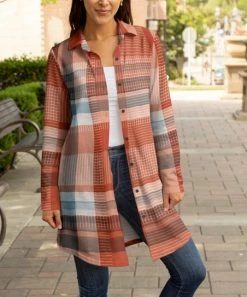 Lily | Orange & White Plaid Collared Button-Up Longline Shacket - Plus