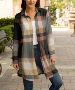 Lily | Black & Beige Plaid Collared Button-Up Longline Shacket - Plus
