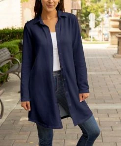 Lily | Navy Collared Button-Up Longline Shacket - Women & Plus