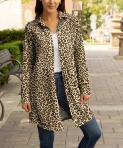 Lily | Beige & Brown Leopard Collared Button-Up Longline Shacket - Plus