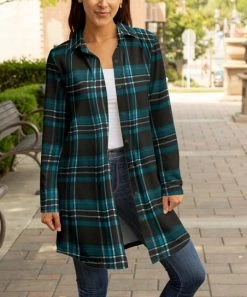 Lily | Black & Blue Plaid Collared Button-Up Longline Shacket - Plus