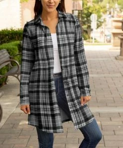Lily | Gray & Black Plaid Collared Button-Up Longline Shacket - Women & Plus