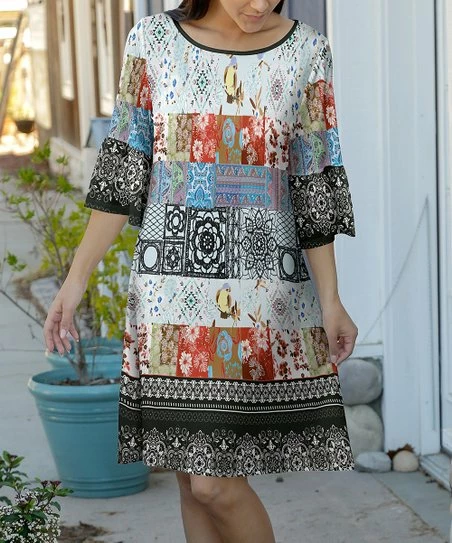 Lily | White & Black Patchwork-Print Jewel-Collar A-Line Dress - Plus 1 Lily | White & Black Patchwork-Print Jewel-Collar A-Line Dress - Plus