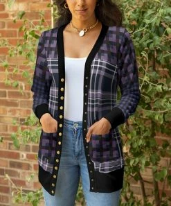 Lily | Purple & Black Plaid Pocket Button-Up Cardigan - Women