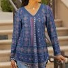 Lily | Blue & Pink Geometric Long-Sleeve V-Neck Tunic - Women