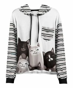 Lily | White & Brown Stripe Cat Patch Pocket Hoodie - Women & Plus