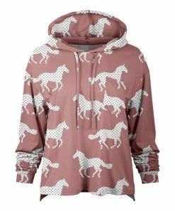 Lily | Taupe & White Galloping Horses Drawstring Pocket Hoodie - Women