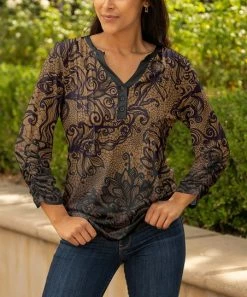 Lily | Black & Brown Scroll Pleated Button-Front Tunic - Women