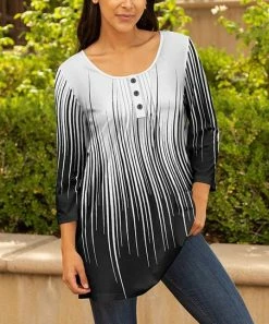 Lily | White & Black Abstract Stripe Pleated Button-Accent Tunic - Plus