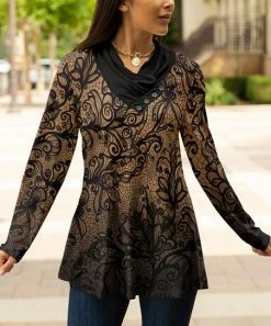 Lily | Beige & Black Scroll Button-Accent Cowl Neck Tunic - Plus