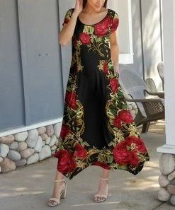 Lily | Black & Red Floral Cap-Sleeve Handkerchief Dress - Plus