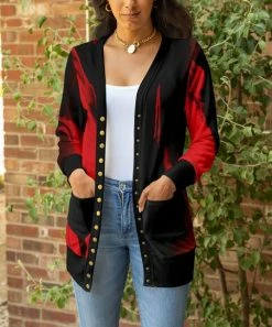 Lily | Black & Red Abstract Snap-Button Cardigan - Women