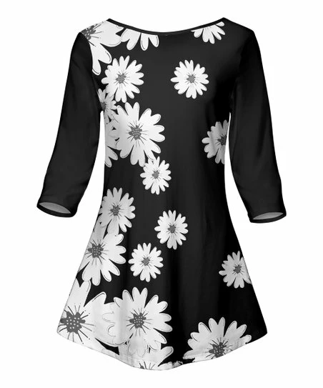 Lily | Black & White Daisies Boatneck Tunic - Women & Plus 1 Lily | Black & White Daisies Boatneck Tunic - Women & Plus