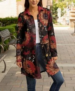 Lily | Red & Black Floral Longline Button-Up Shacket - Plus
