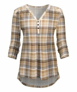 Lily | Beige & Cream Plaid Button-Front V-Neck Tunic - Women