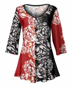 Lily | Black & Red Floral Three-Quarter Sleeve Tunic - Plus