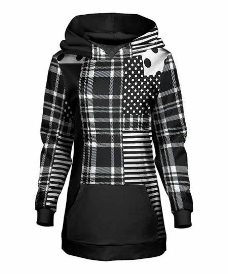 Lily | Black & White Plaid Patchwork Kangaroo Pocket Hoodie - Women & Plus 1 Lily | Black & White Plaid Patchwork Kangaroo Pocket Hoodie - Women & Plus