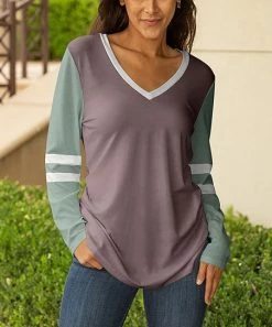 Lily | Taupe & Turquoise Stripe Color-Block V-Neck Long-Sleeve Tunic - Women