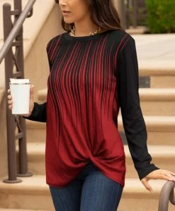Lily | Red & Black Stripe Fade Twist-Front Long-Sleeve Tunic - Women