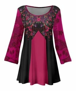 Lily | Black & Pink Floral Color Block Three-Quarter Sleeve Tunic - Women