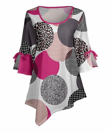Lily | Gray & Pink Animal-Print Abstract Bow-Accent Asymmetrical Tunic - Plus 1 Lily | Gray & Pink Animal-Print Abstract Bow-Accent Asymmetrical Tunic - Plus