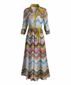 Lily | Blue & Goldtone Zig-Zag Collar Maxi Shirt Dress - Women