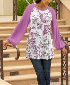 Lily | Purple & White Floral Bishop-Sleeve Raglan Tunic - Plus