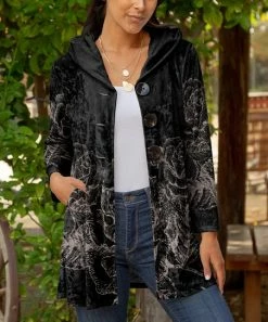 Lily | Black & Gray Floral Velvet Pocket Button-Up Hoodie - Women