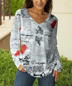 Lily | Black & Red Newsprint Heart 'Vintage' Long-Sleeve Tunic - Women & Plus