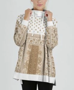 Lily | White & Beige Paisley Polka Dot Drawstring Cowl Neck Pullover - Women & Plus