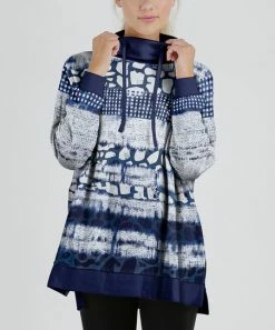 Lily | Navy & White Abstract Stripe Drawstring Cowl Neck Pullover - Women & Plus