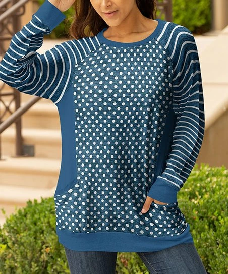 Lily | Blue & White Dot & Stripe Dolman-Sleeve Pocket Tunic - Women & Plus 1 Lily | Blue & White Dot & Stripe Dolman-Sleeve Pocket Tunic - Women & Plus